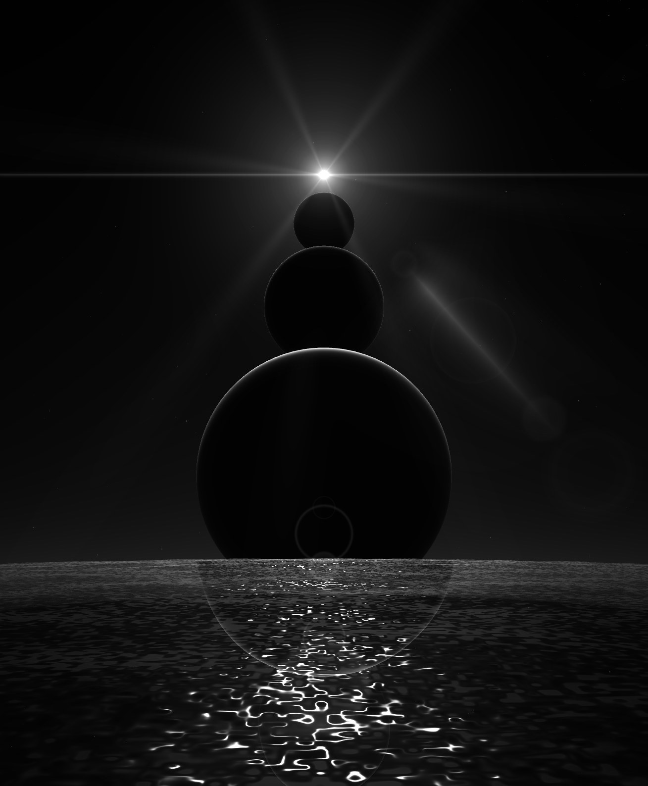 Three planets aligned above a dark sea; the sun above them, its flare crossing the sky; the light falls on the water.