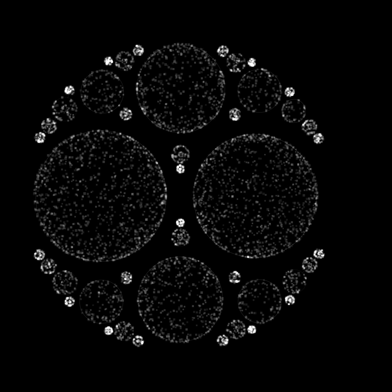 A field of pearls between two pulses: circles packed within circles, brighter where the light crosses.