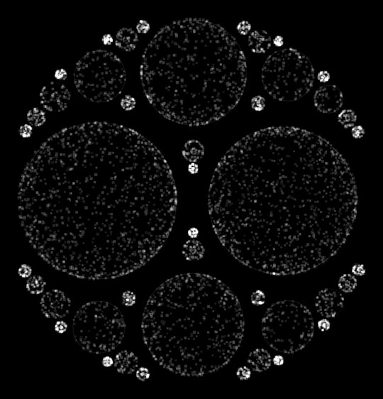 A net of tangent circles, a few large pearls among many smaller ones, the threads joining them.