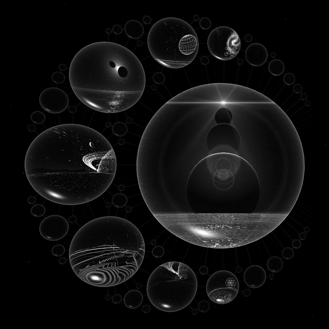 A net of glass pearls; the largest holds the sea of the third world, the alignment and the sun inside it.