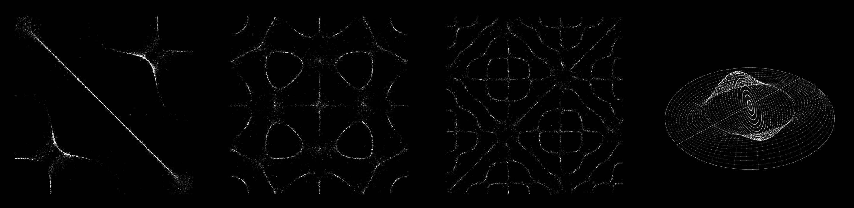 Resonant Matter: Square plate (2, 3, +) · grains gathered on the nodal lines; Square plate (7, 3, +) · a dense figure, found by the grains alone; Square plate (10, 7, −) · cells and crossings of the same two cosine patterns; Ideal circular membrane (1, 2) · one nodal diameter and one circle; frequency ≈ 2.917 × the fundamental (j₁,₂ / j₀,₁, exact for the ideal model)