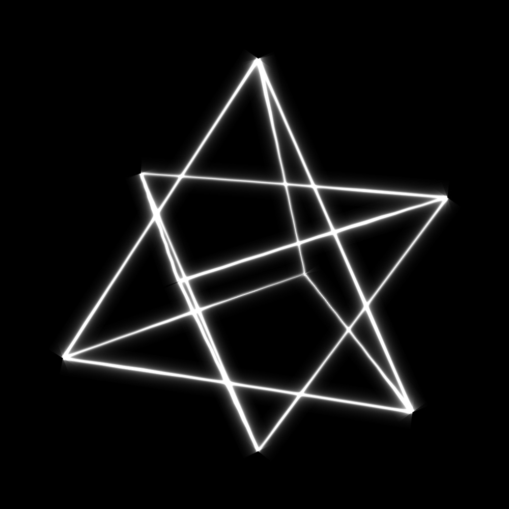 Two interpenetrating tetrahedra, eight vertices and twelve luminous edges, from the final World 2 entity.