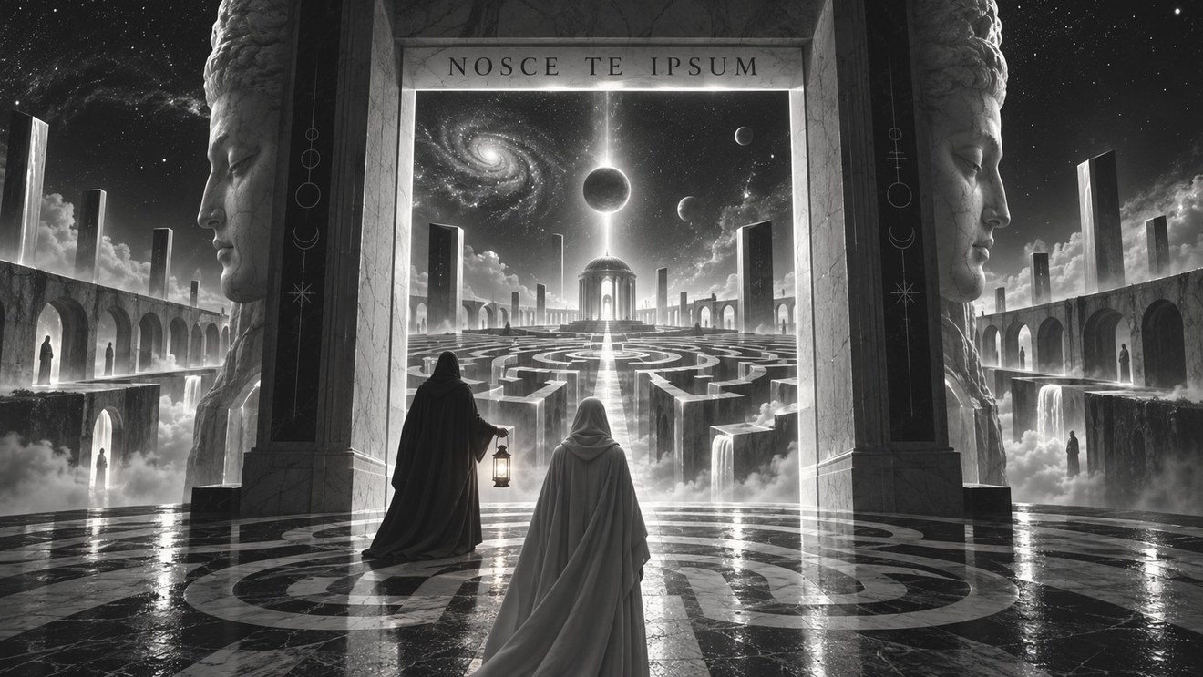 Atalanta Fugiens — concept visualisation: two robed figures beneath an inscribed marble gate, a vast geometric labyrinth leading toward a glowing domed temple under a starry sky.