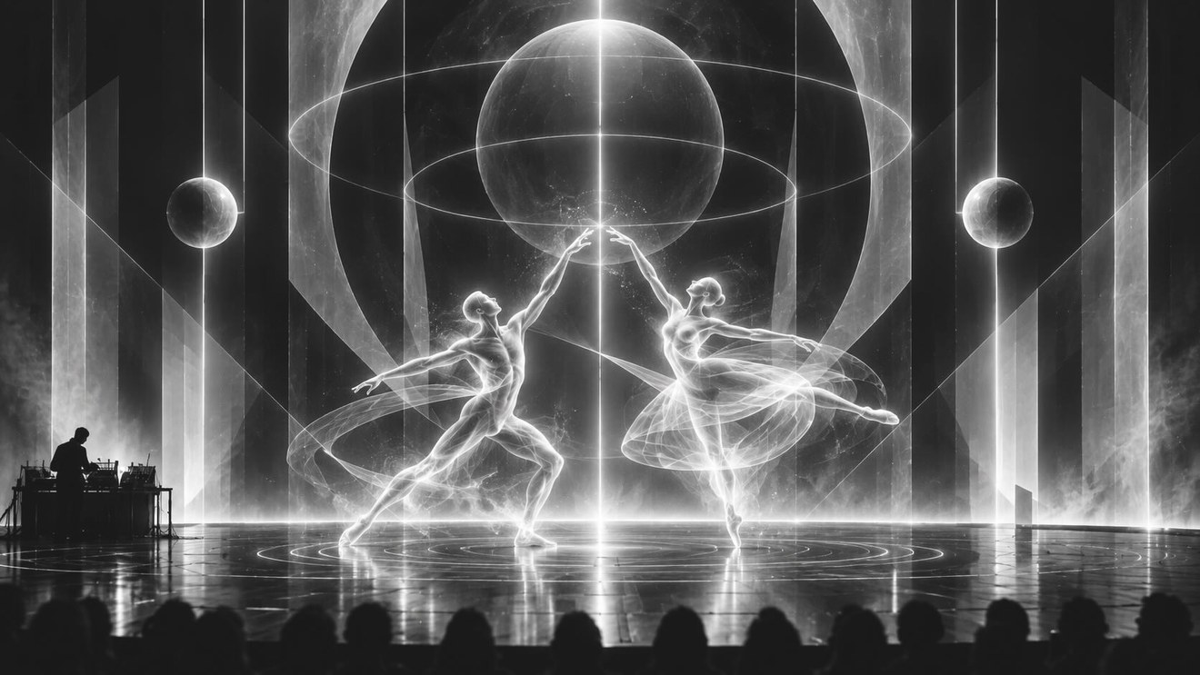 Choreographies of the Invisible — concept visualisation: two luminous dancers reaching toward each other under a glowing sphere of rings, in a dark stage of light beams and geometric patterns.