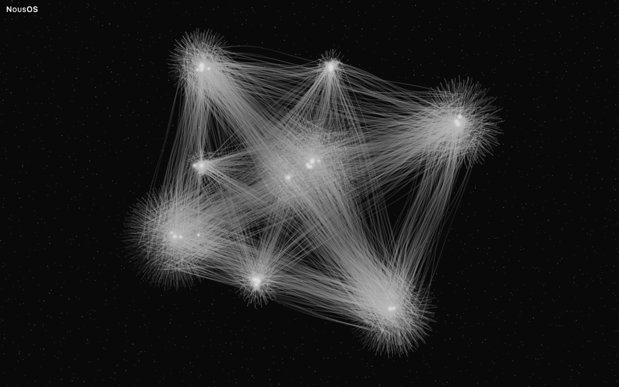 NousOS Natural arrangement in 3D at Complete density: luminous stellar clusters connected by lines on a black field, drawn from invented demo data.