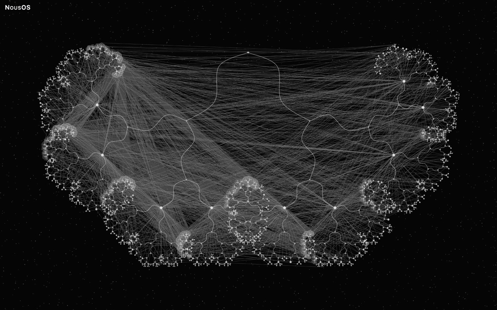 NousOS experimental Canopy arrangement in 2D: stellar nodes and connecting lines, drawn from invented demo data.