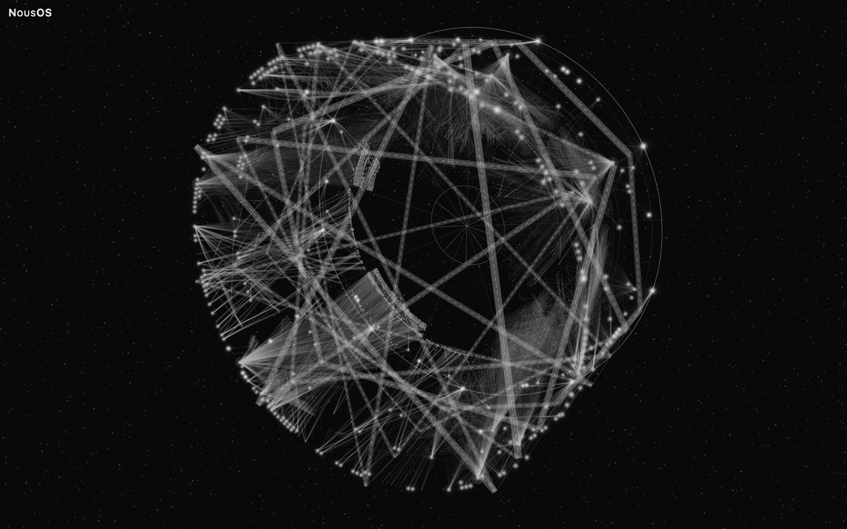 NousOS experimental Llull arrangement in 3D, drawn from invented demo data; the whole captured view.