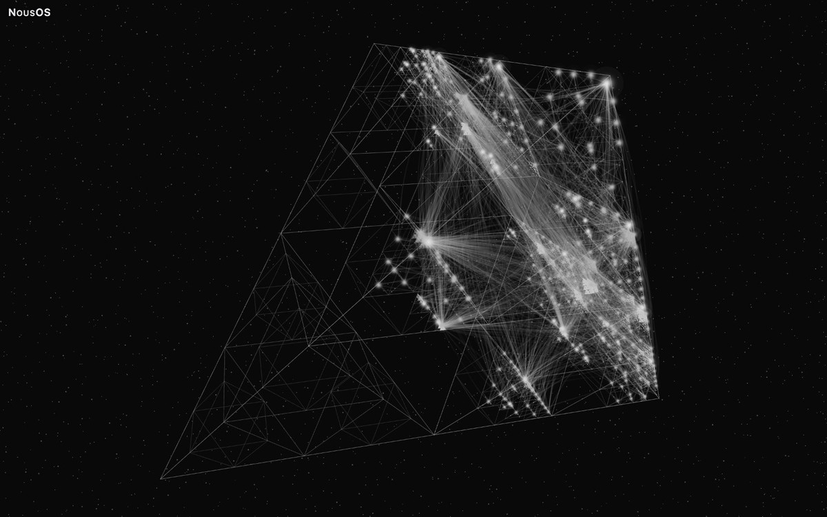 NousOS experimental Sierpiński arrangement in 3D, drawn from invented demo data; the whole captured view.